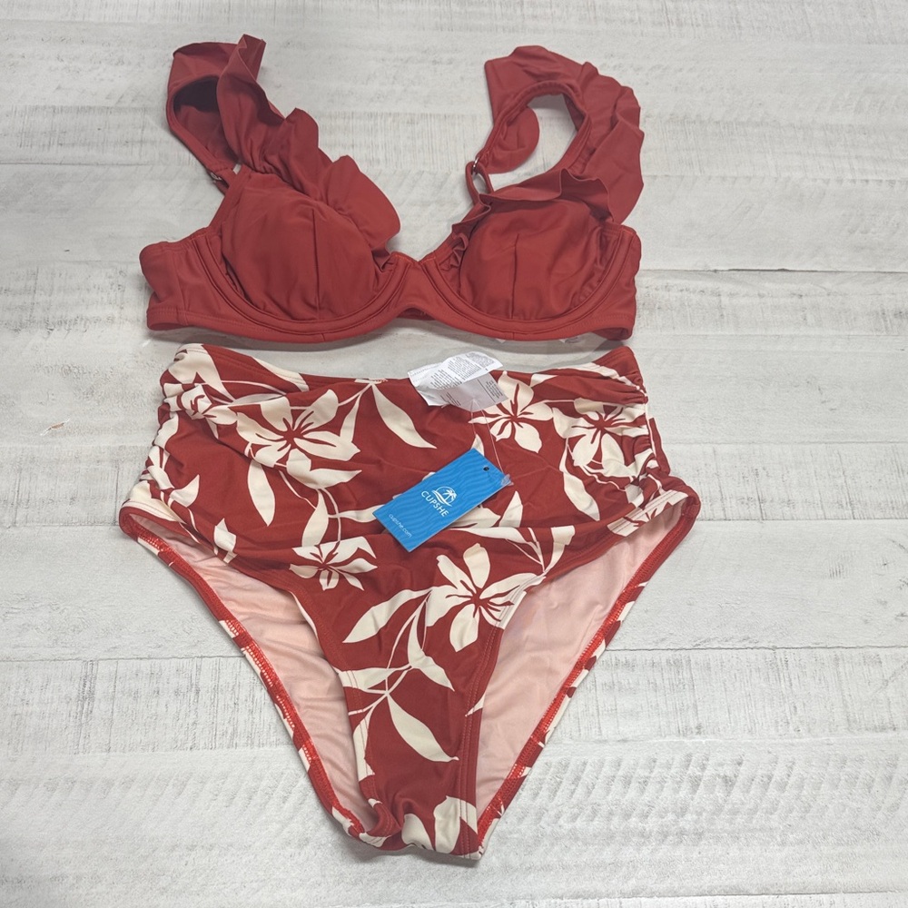 Cupshe Vintage Floral Flutter Bikini Top & High-Waisted Bottoms Set